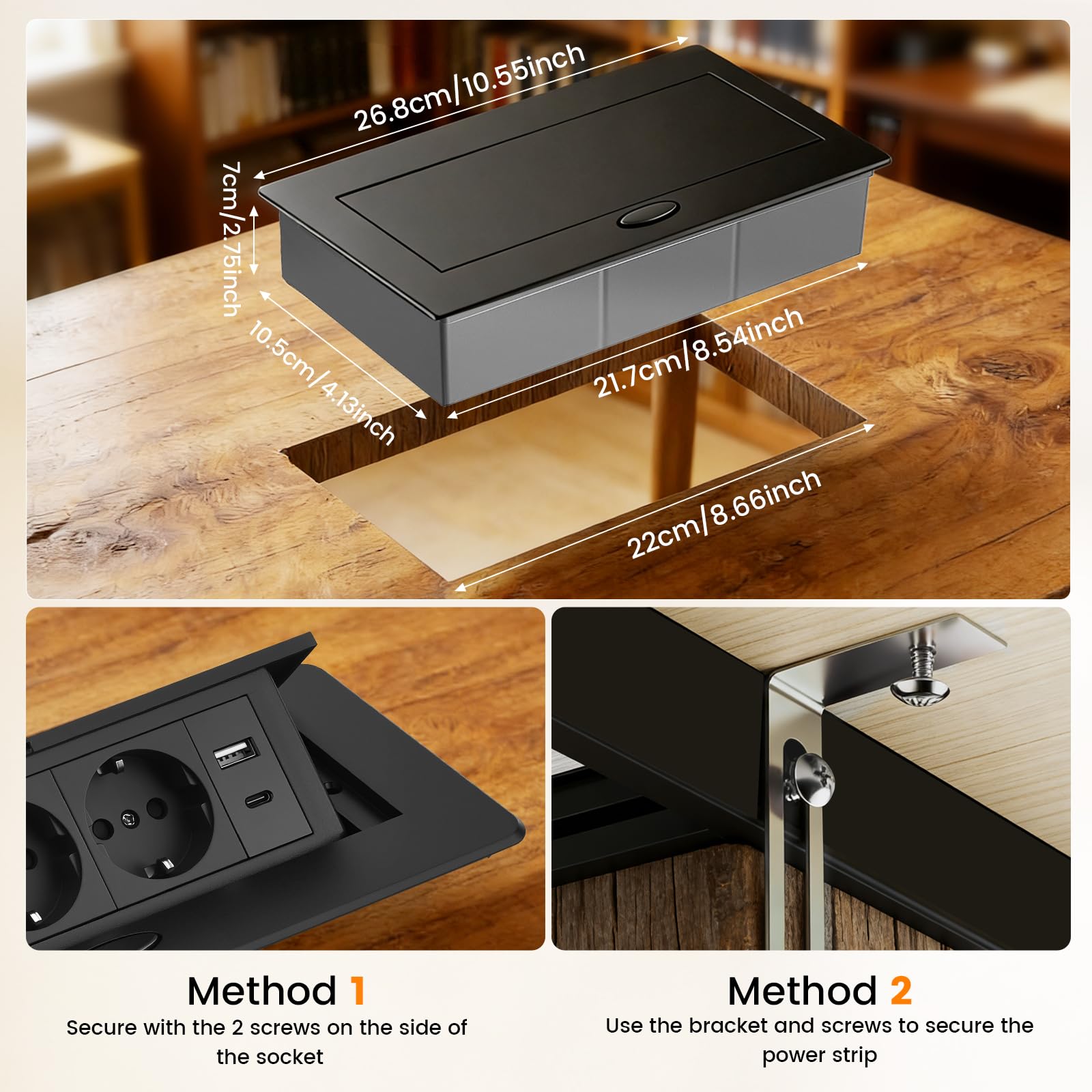 Enchufe para encimera de cocina, mesa de mesa, enchufe retráctil negro con USB, aluminio para escritorio, enchufe de mesa retráctil para sala de conferencias, hogar u oficina, cable de 1,8 m