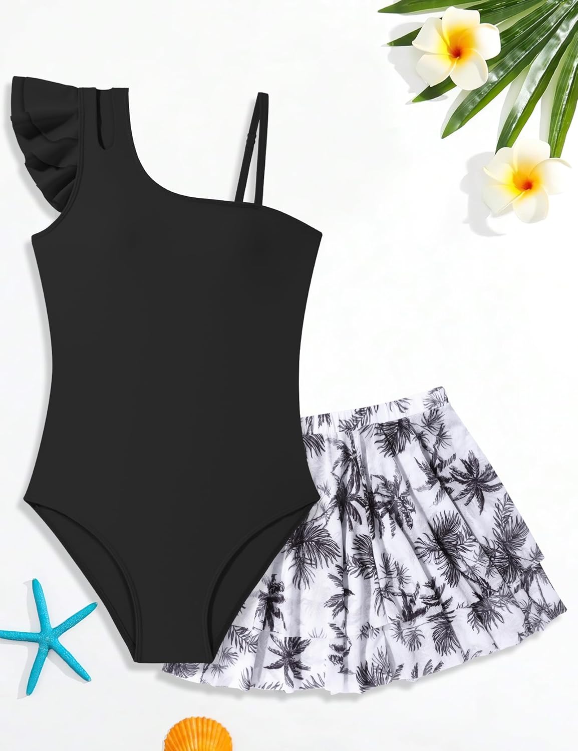 Girls Swimsuit One Piece Swimwear Top with Tropical Print Cover Up Skirt Girls Bathing Suit 7-16 Years - Image 6