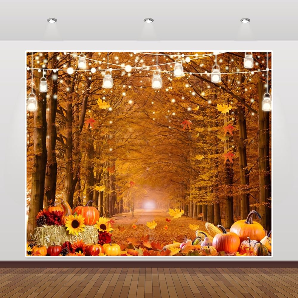 Fall Thanksgiving Backdrop 10x8ft Harvest Season Friendsgiving Photo Backdrop Pumpkin Haystacks Sunflower Autumn Forest Natural Scenery Photography