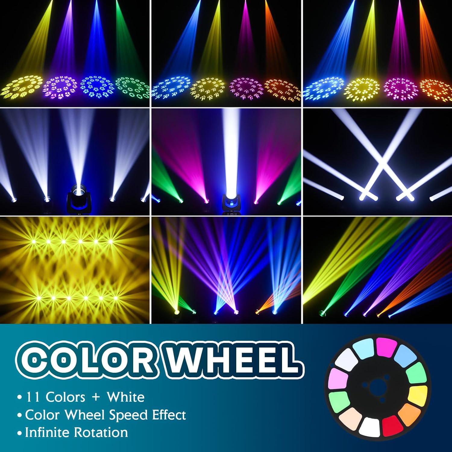 Examples of color wheel effects, showing 11 colors plus white, with color wheel speed and infinite rotation capabilities.