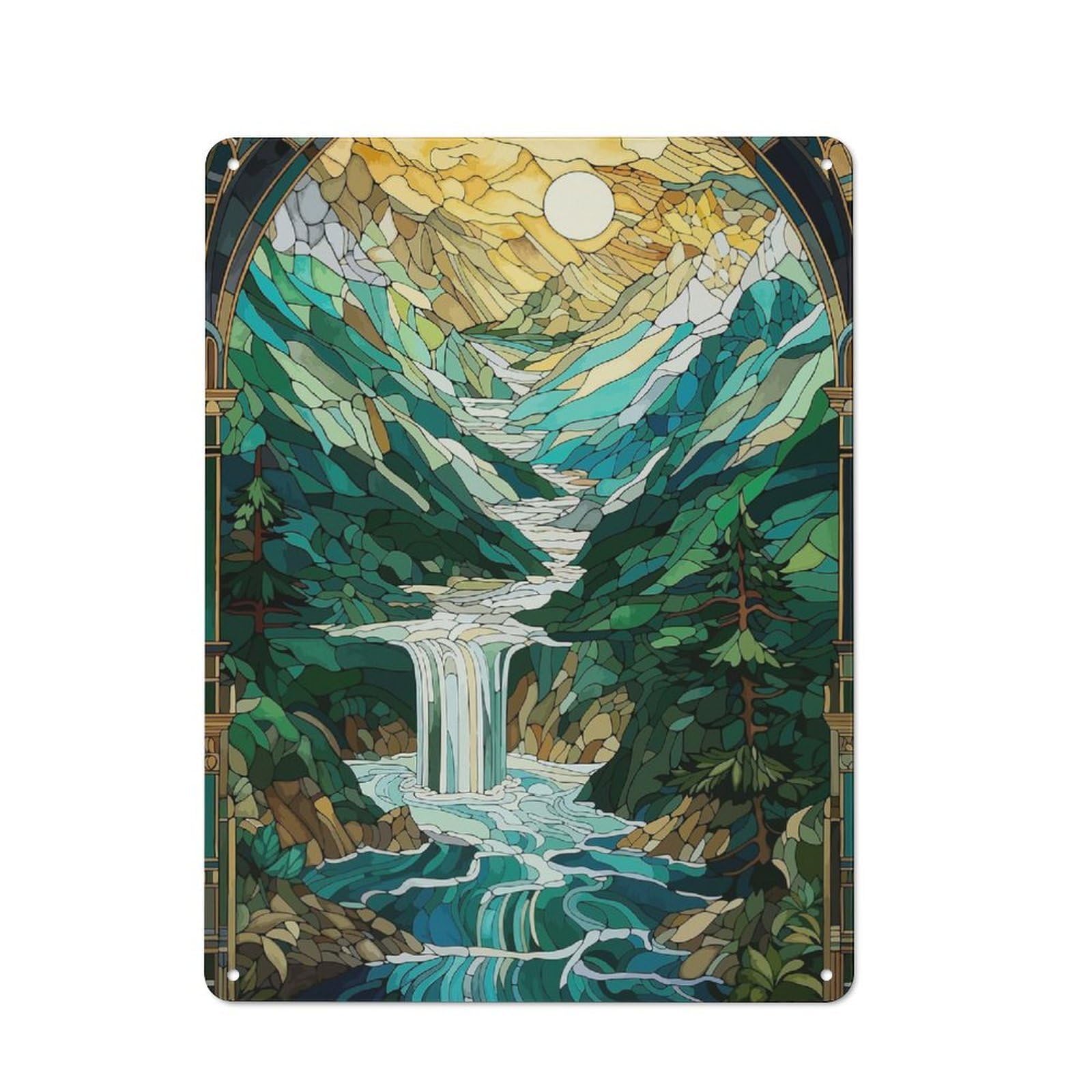 Junmoney Stained Glass Waterfall Metal Sign 40X30cm With For Workshop Wall, Vintage Decor, A Decorative Christmas Gift For Metal Sign Collectors