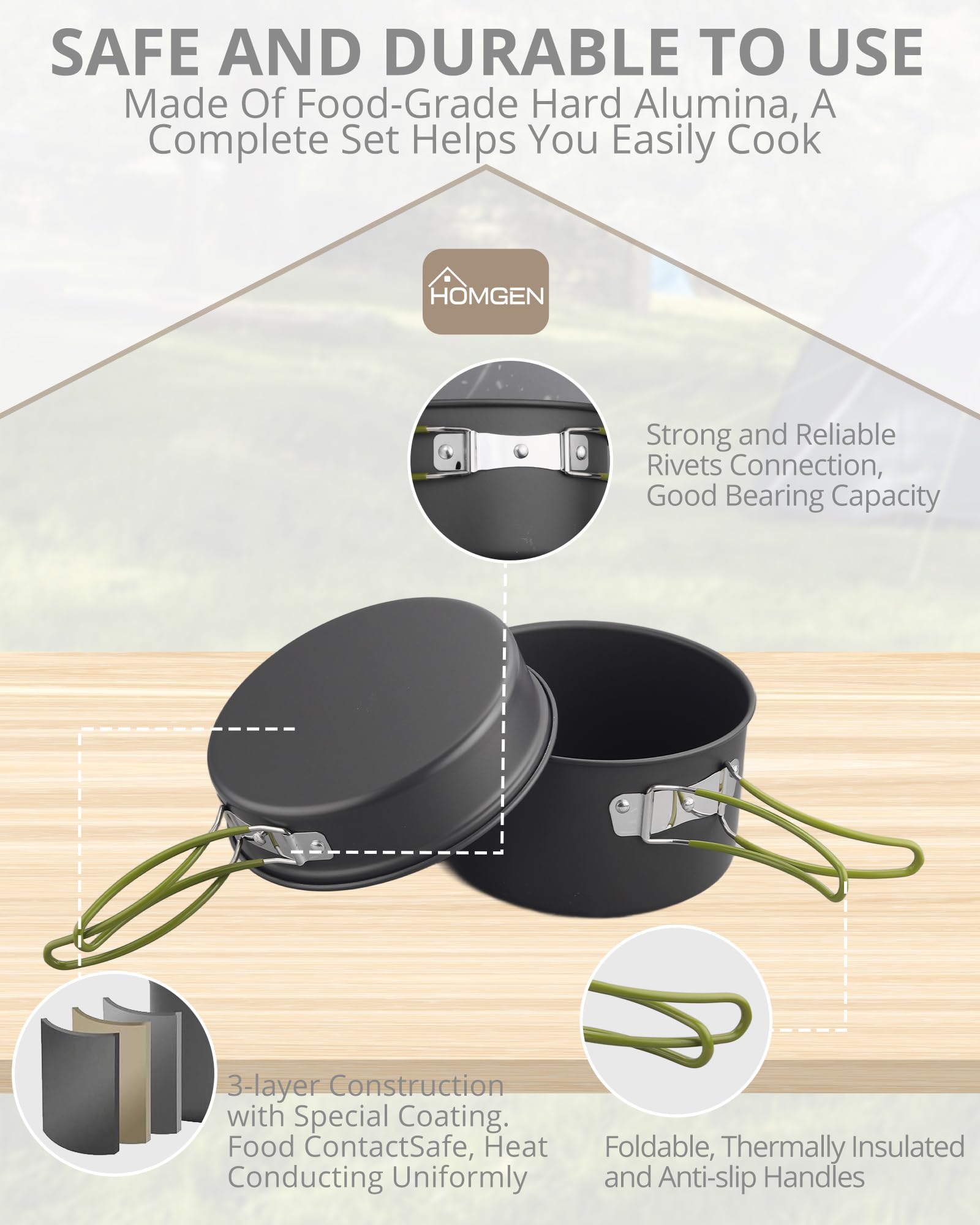 HOMGEN Set da cucina da campeggio Set di pentole e padelle da campeggio in alluminio Kit di pentole da campeggio portatile Kit di cottura leggero Attrezzatura da cucina da campeggio per 2-3 persone