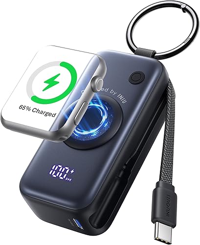 INIU Cargador portátil, batería externa de teléfono de 5000 mAh 20 W, llavero de carga rápida PD con cable USB C y cargador de reloj, para iPhone 17
