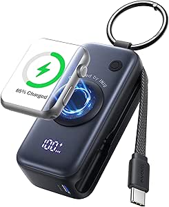 INIU Power Bank pour Apple Watch, 5000mAh Mini Chargeur Portable, Batterie Externe avec Câble Intégré, Mince Batterie avec Porte-clés et LCD pour iWatch 10/9/8/Ultra2/Ultra/SE, iPhone 16/15 etc