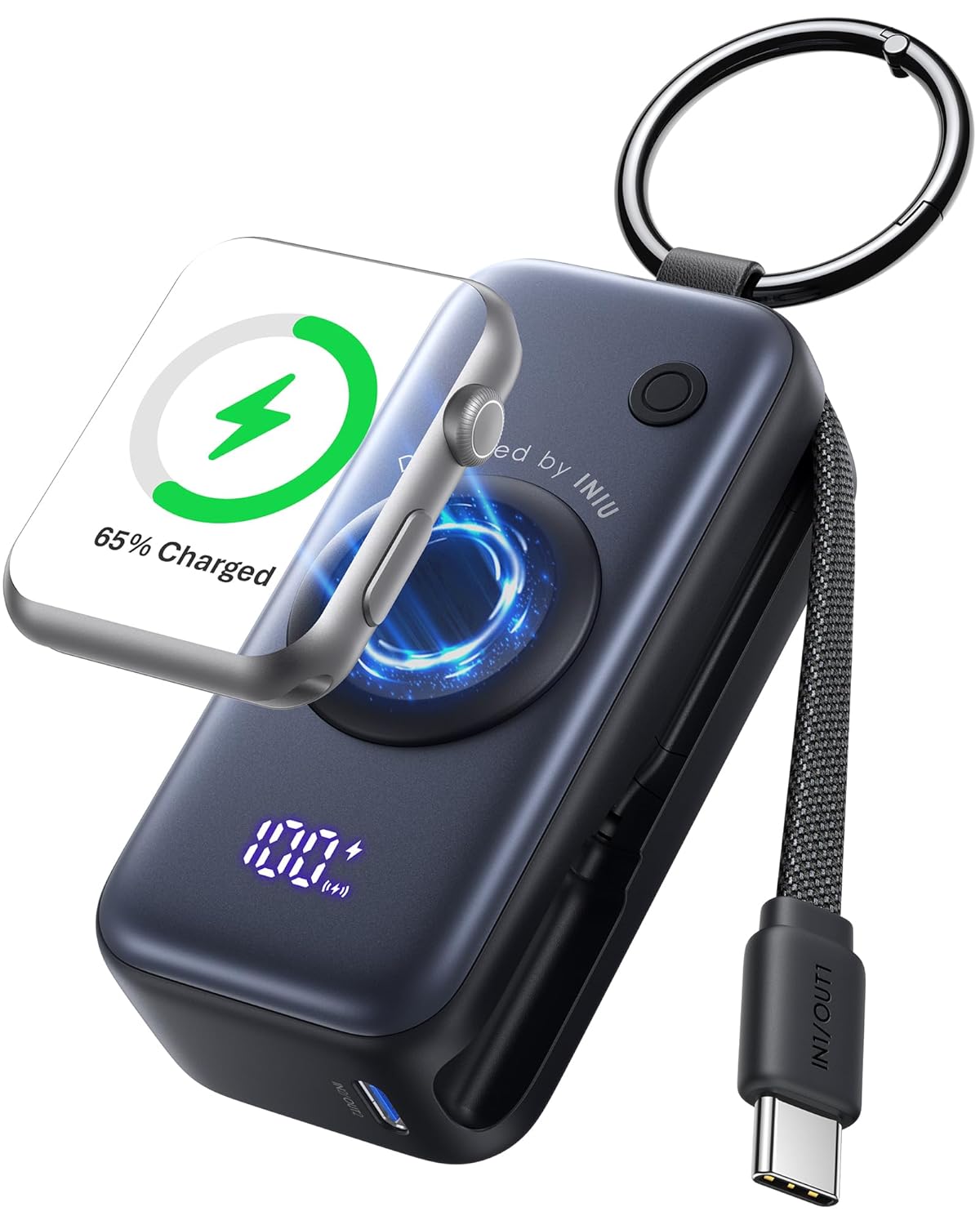 INIU Portable Charger 5000mAh Power Bank for Apple Watch 20W PD Fast Charging with Built-in USB C Cable