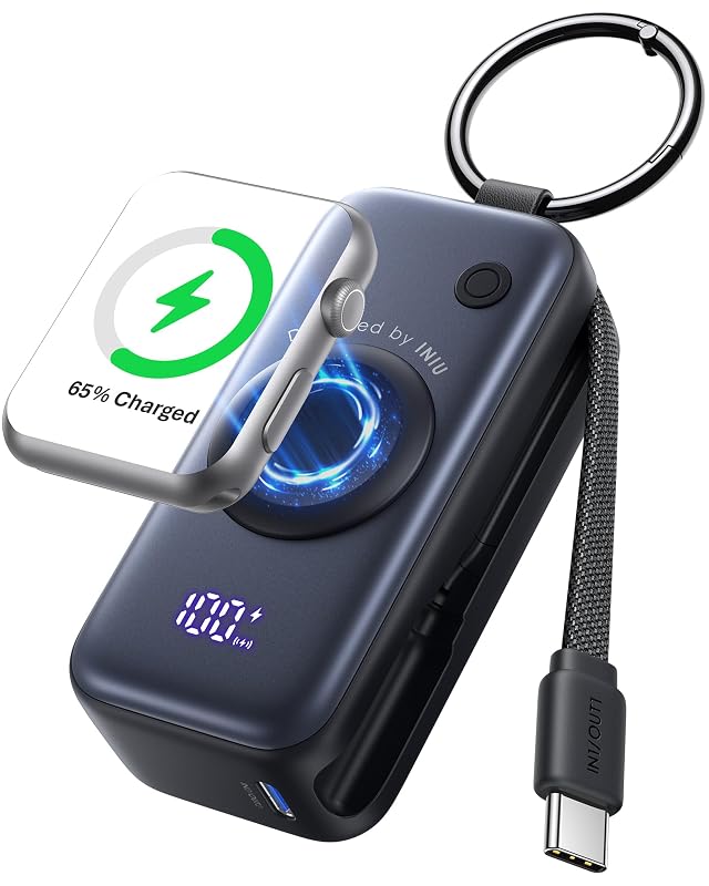 INIU Portable Charger 5000mAh Power Bank for Apple Watch 20W PD Fast Charging with Built-in USB C Cable