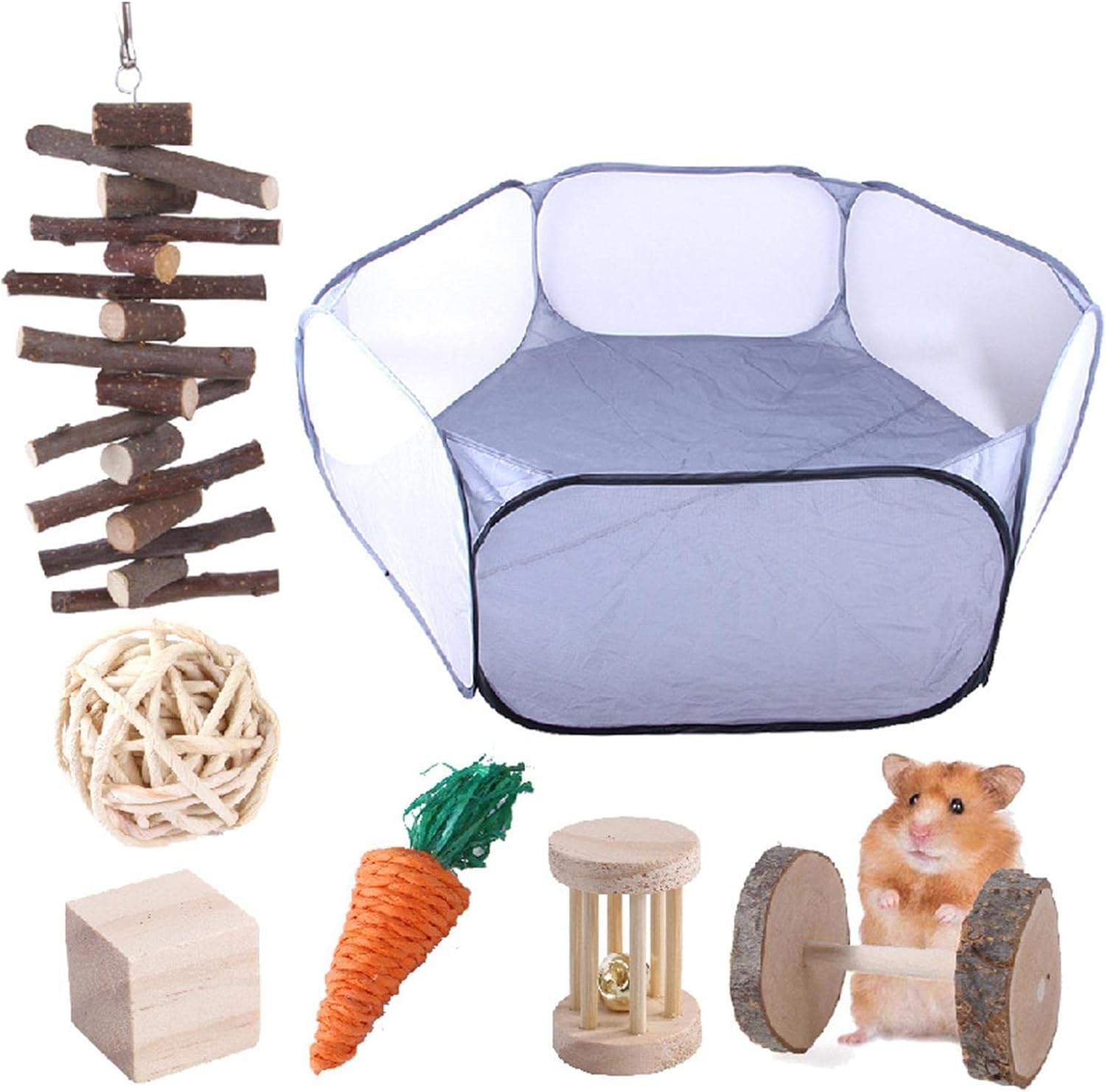Abonda Juguetes masticables para hámster, juguetes masticables de madera duraderos con bolígrafo de juego, rodillo de escalera natural para jerbos rusos y conejillos de indias