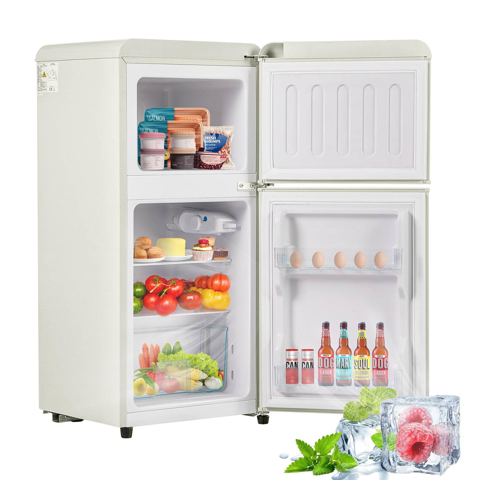 Lodówka Retro Z Zamrażalnikiem O Pojemności Całkowitej 60 L, Zamrażarka 22 L, 2 Szklane Półki, Szuflada Na Warzywa, Tacka Na Jajka, 102 Kwh/Rok, Oświetlenie LED, -27°c-13°c,White