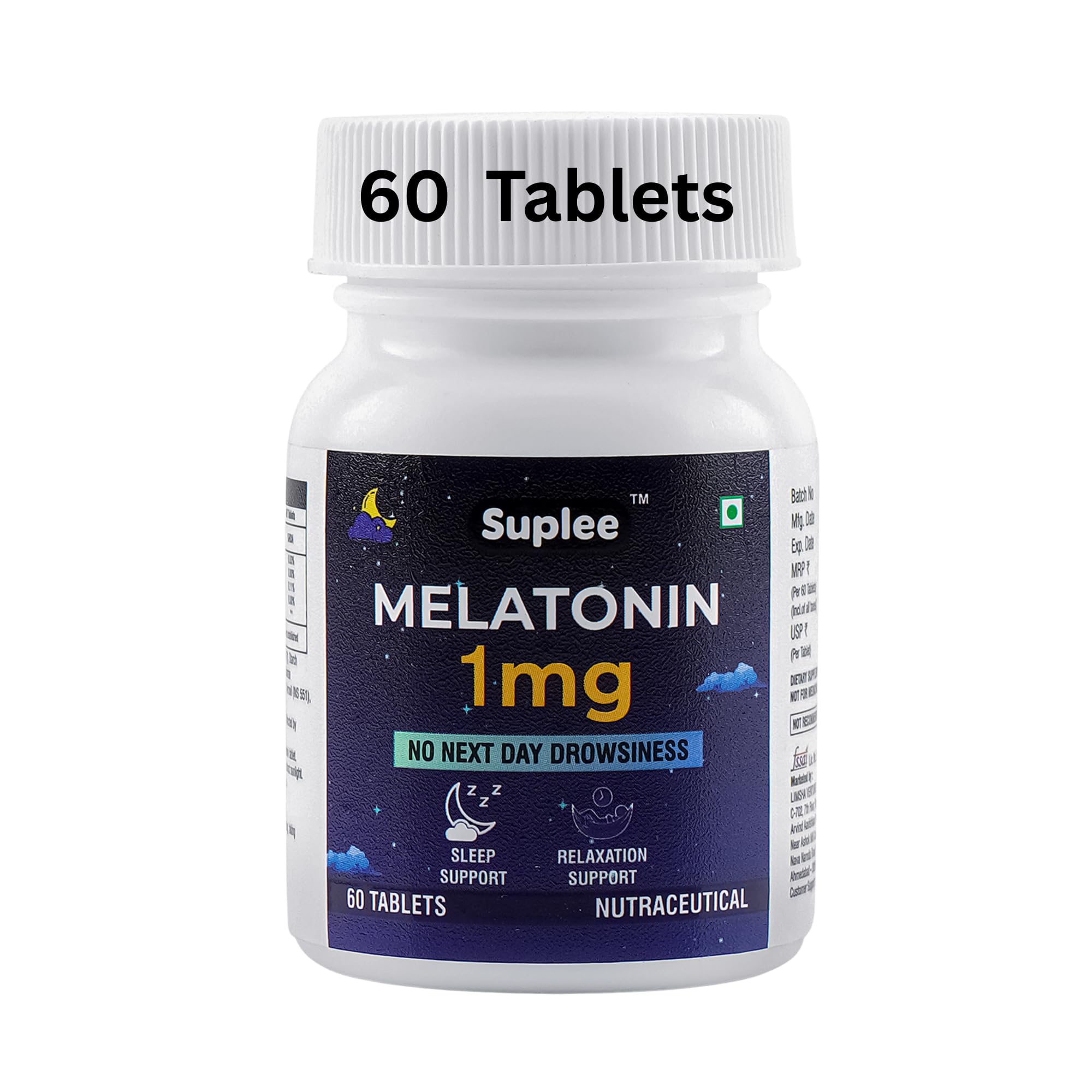 Suplee Melatonin 1mg Tablets for Deep Sleep Support | Non-Habit Forming & No Next Day Drowsiness | Helps Regulate Sleep-Wake Cycle | 60 Vegetarian Tablets-image-20