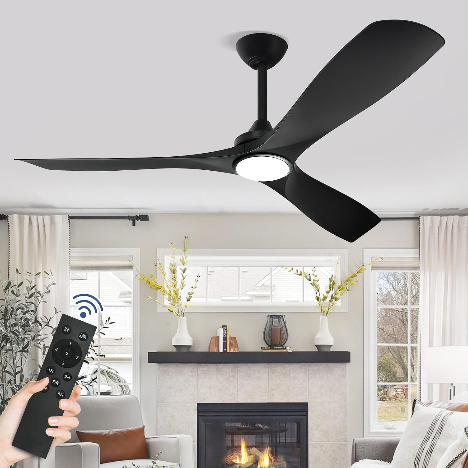 Black Ceiling Fan with Light: 3 Blades Ceiling Fans Reversible 5 Speeds Timer - 52 Inch Ceiling Fan with Remote for Indoor Living Room Bedroom