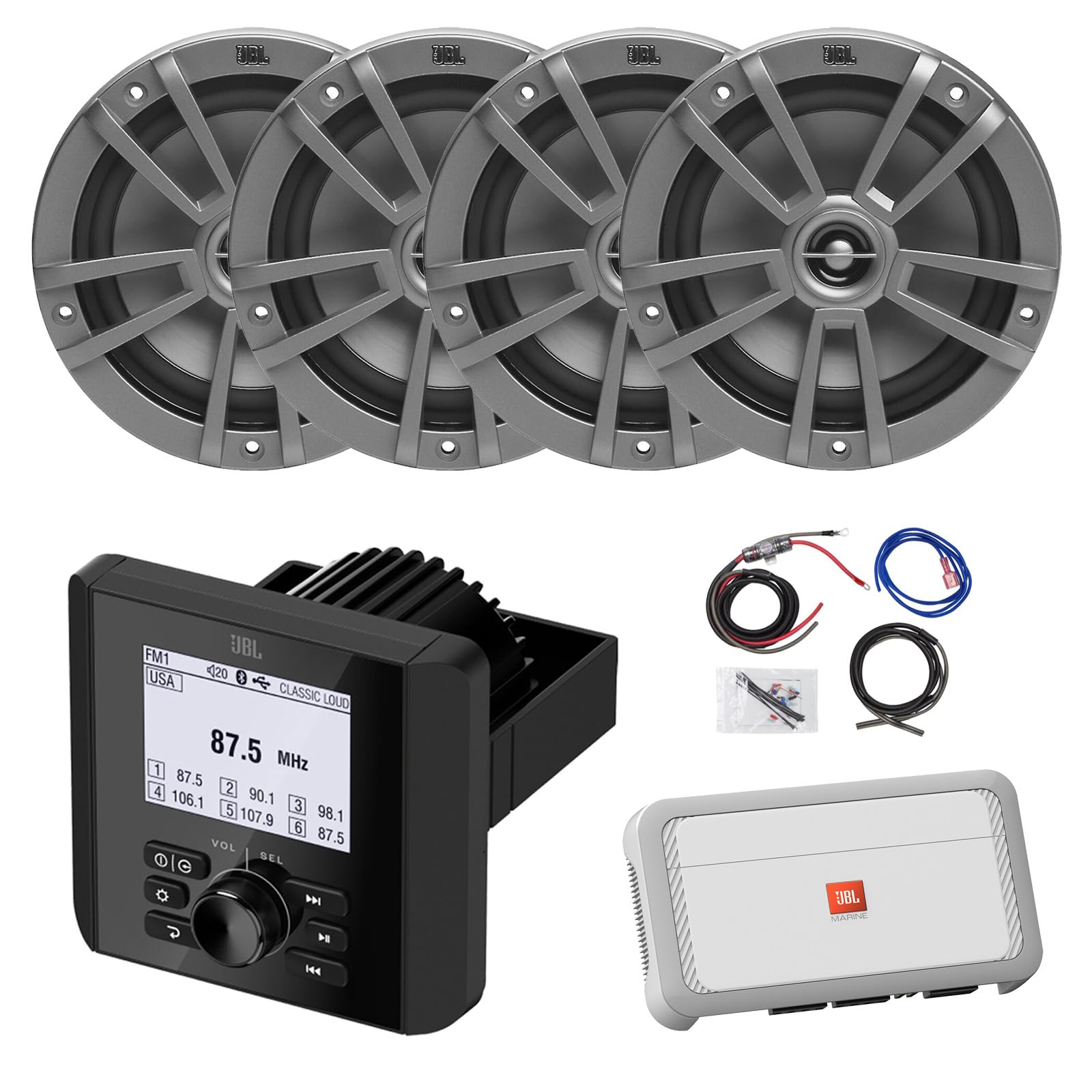 Marine Bluetooth AM/FM Radio Digital Media Receiver, 4X 6.5 180 Watt Max Power 2-Way Boat Audio Gray Speakers, 4-Channel Amplifier w/Wiring Kit