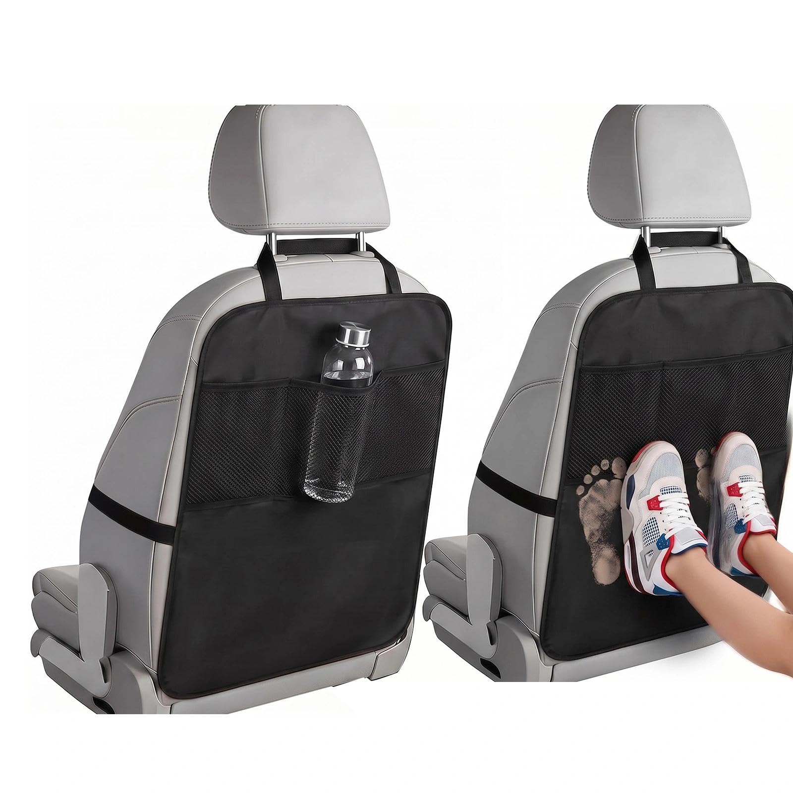 Plumaire 2 Pcs Car Seat Back Protector Set, 60 x 45 cm Rear Seat Protector with Support Cushion, 3 Storage Mesh Pockets and Adjustable Straps, Waterproof and Stain-Resistant (Black)