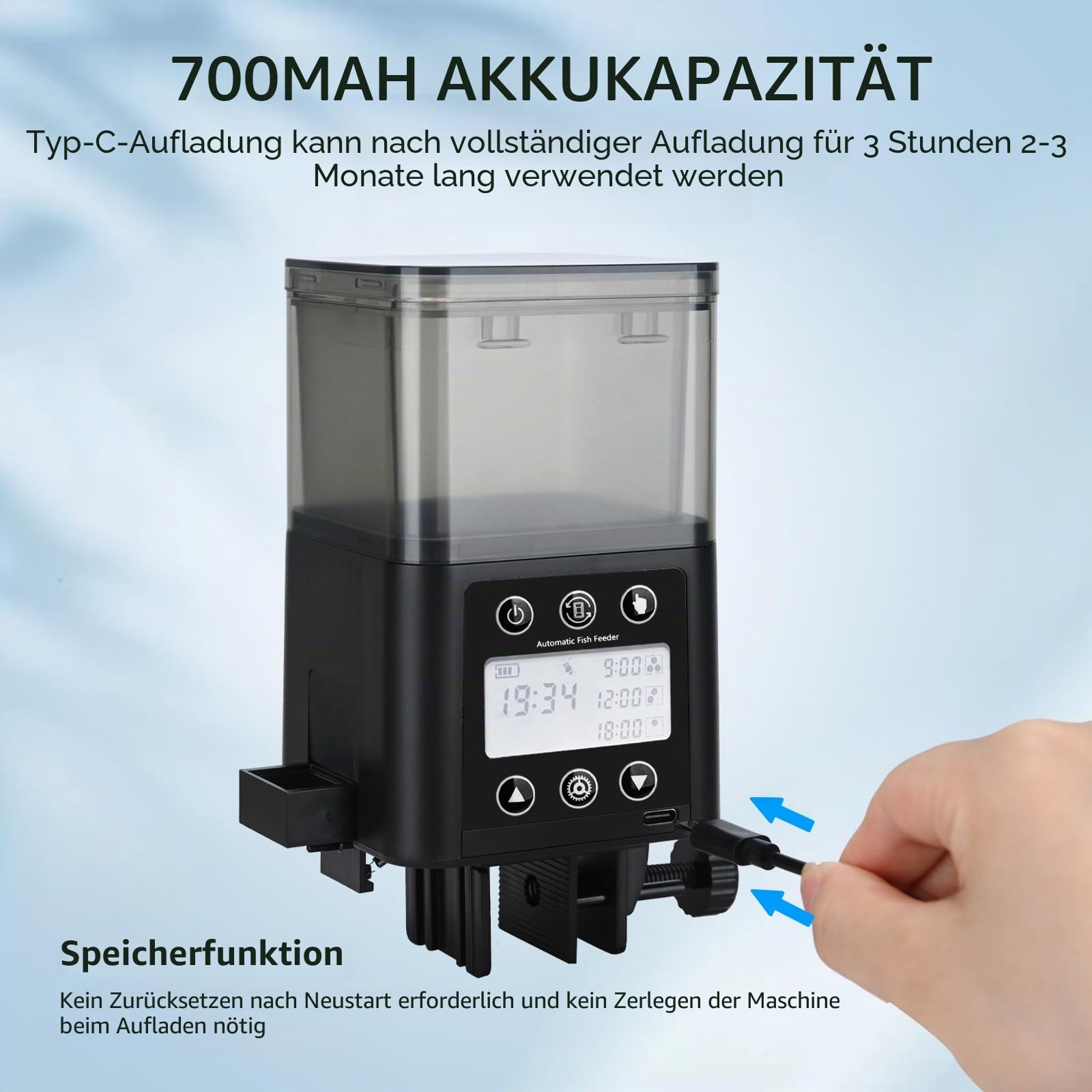 Podazz Futterautomat Aquarium – Wiederaufladbarer Zeitgesteuerter Fischfutterspender mit LCD-Display, 320 ml perfekt für Wochenenden und Feiertage - Schwarz
