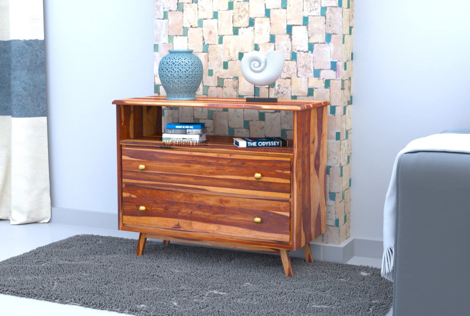 KINGWOOD FURNITURE Darwin Mini Chest of Drawer with Shelve | Compact Sideboard with Two Drawers for Living Room & Bedroom in Sheesham Wood (Honey Finish)-image-16