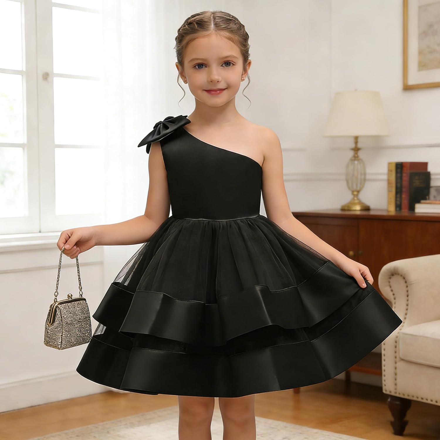 KLFFLGID Girls Flower Dress Sleeveless One Shoulder Princess Birthday Party Prom Ball Gown - Image 4