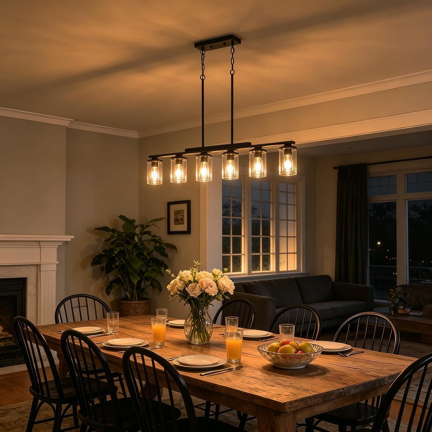 2026 Upgrade 40.15'' Large Dining Room Chandelier Over Table, 6-Light Wood Island Lights for Kitchen Island Lighting, Farmhouse Dining Room Light Fixture Black Farmhouse Chandeliers for Dining Room