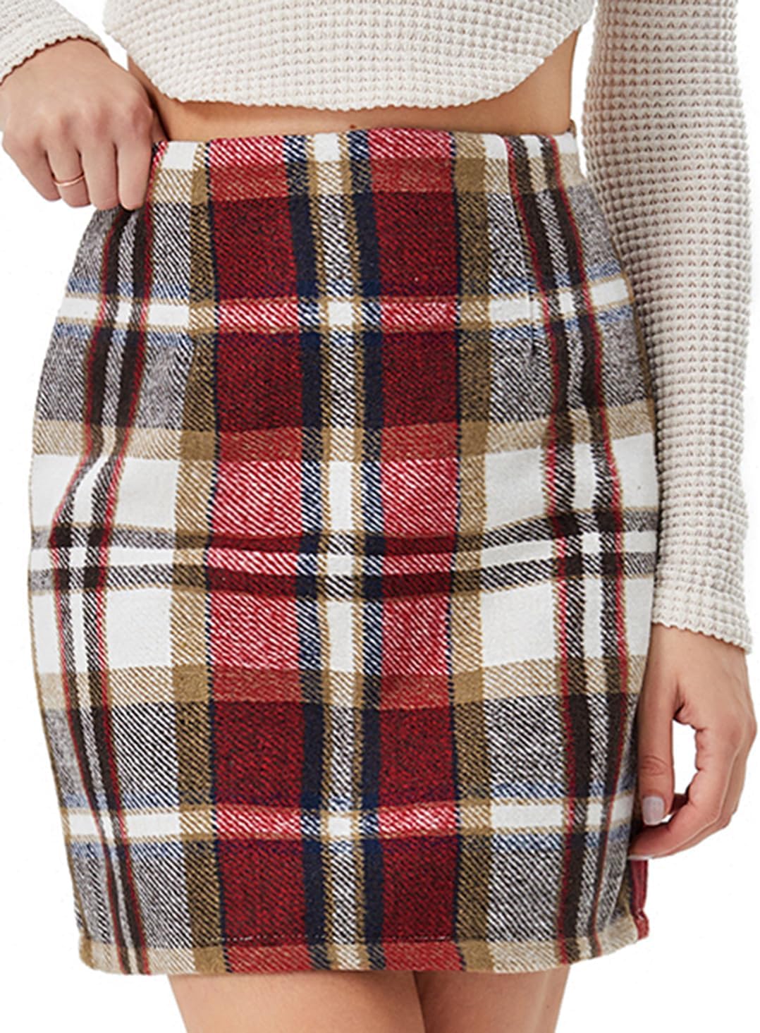 Scacto Women's Casual Plaid Skirt Zipper Side High Waisted Bodycon Mini Skirt