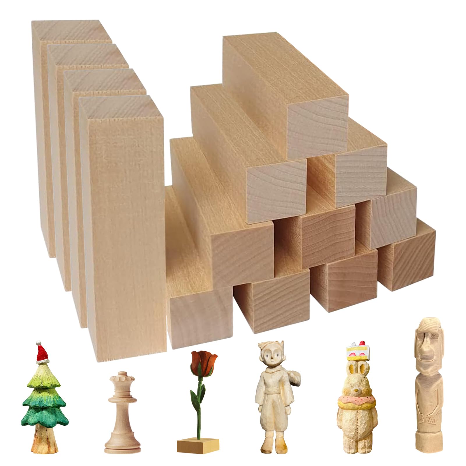 Schnitzholz Lindenholz, 14er Pack Holzblock Schnitzen, Weiches Lindenholz zum Schnitzen, Schnitzholz für Kinder Rohlinge, Schnitzset Rohlinge zum Drechseln und Holz Schnitzen