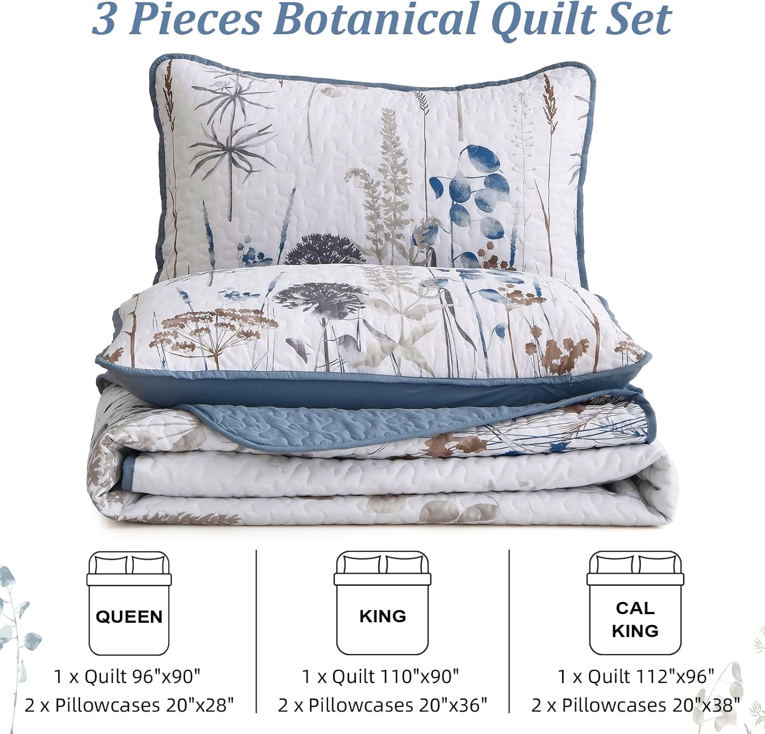 Dobuyly Blue Quilt Queen Size Floral Botanical Queen Quilt Bedding Set 3 Pieces Soft Lightweight Microfiber Brown Flower Bedspread Coverlet Set for All Season, 96"x90"