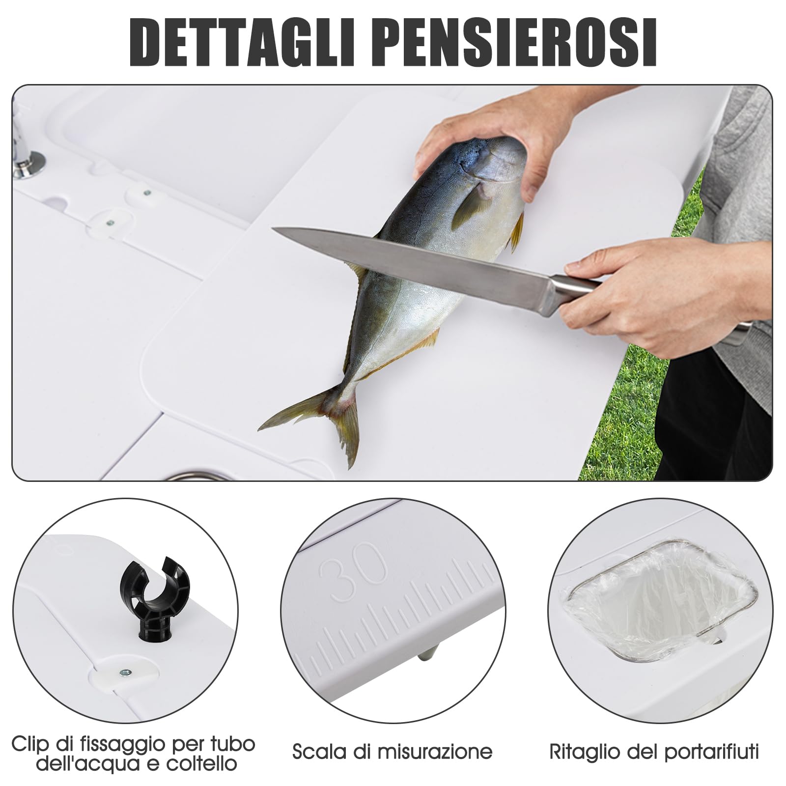 GYMAX Tavolo Portatile per la Pulizia del Pesce, con 2 Lavandini e Rubinetto Girevole, in Acciaio e HDPE, per Campeggio, Pesca, Picnic, Portata 150 kg, 101,5 x 65,5 x 107,5 cm
