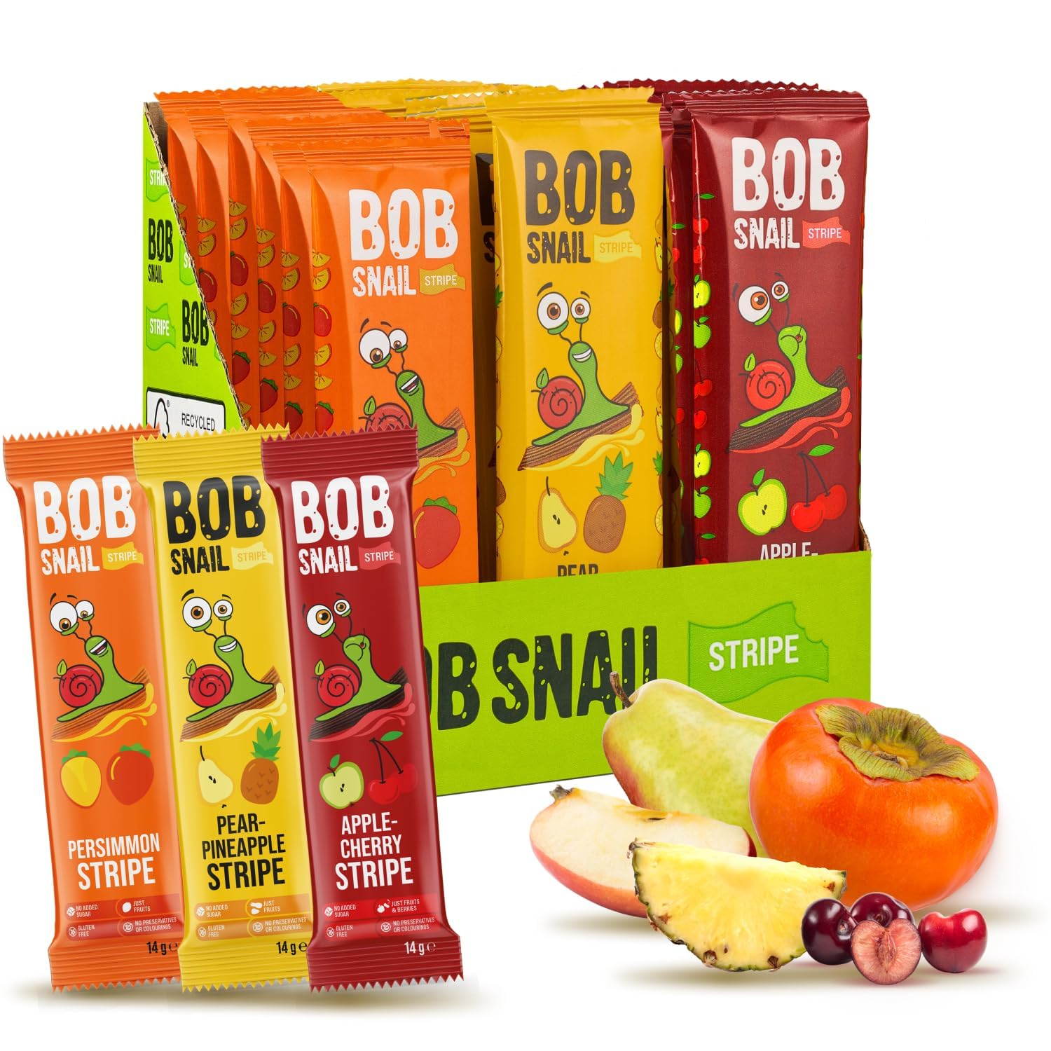Bob Snail Healthy Snacks Variety Pack For Adults And Kids - 30 Sticks Of Gluten Free Fruit With Dried Cherry, Pear, Pineapple, Persimmon, Apple - Natural Dried Fruit Snacks - Vega Snack