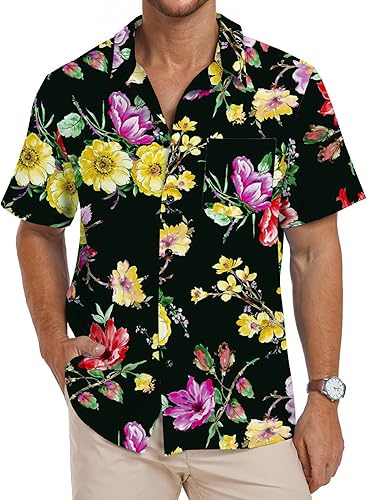 Pegeno Camisa de manga corta, con botones completos, estampado floral, hawaiano para hombre
