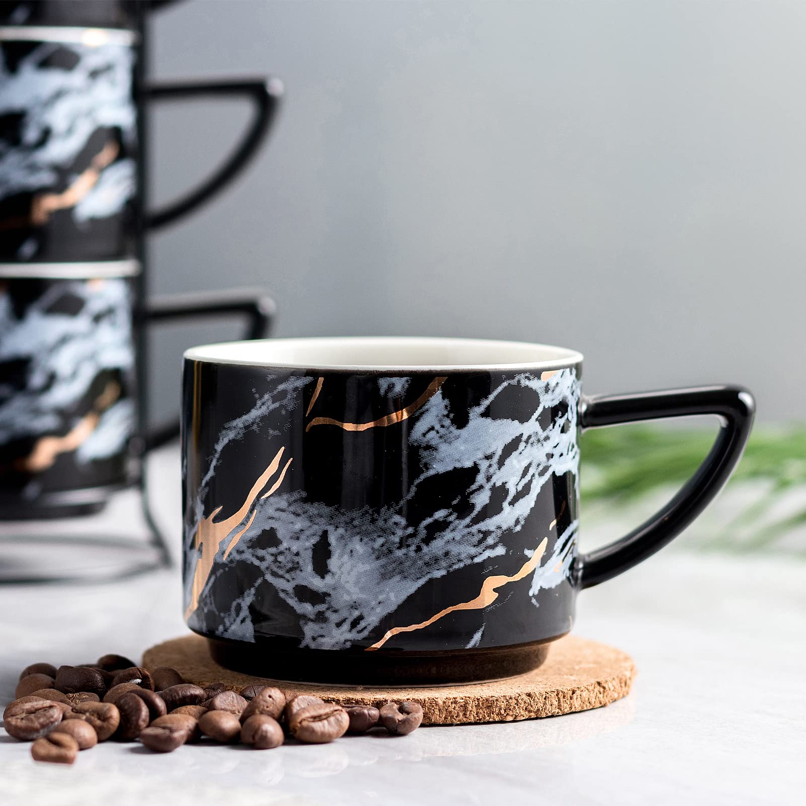Set Di 4 Tazze Da Caffè/Tè In Porcellana 200ml Con Supporto Cromato - Eleganti E Lavabili In Lavastoviglie, Colore Bianco