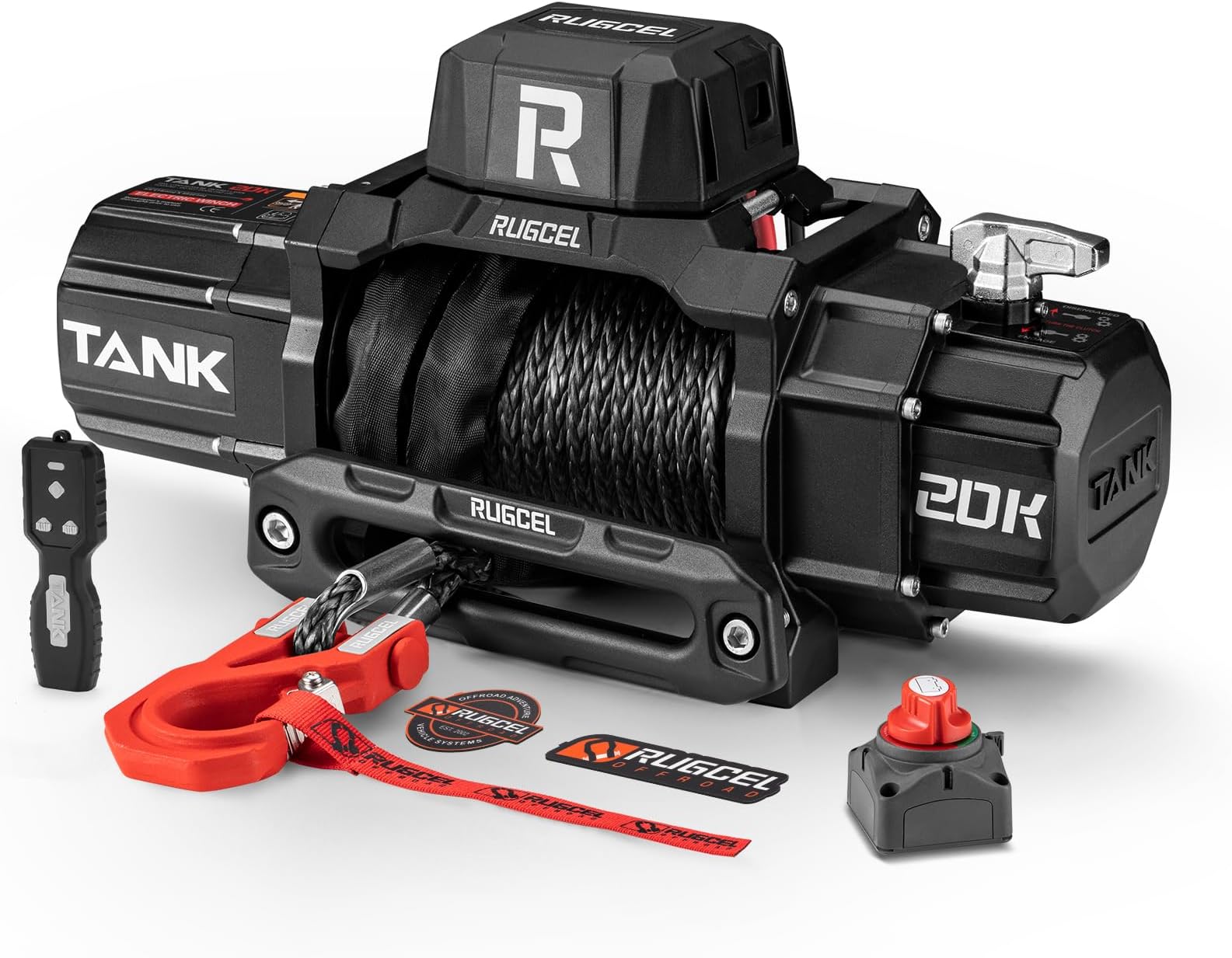 RUGCEL WINCH 20000lb 12V Heavy Duty Truck Winch Waterproof Electric Synthetic Rope Winch,Black Rope,2 in 1 Wireless Remote Control, for Truck SUV, Recreational Vehicle,Tank Series.