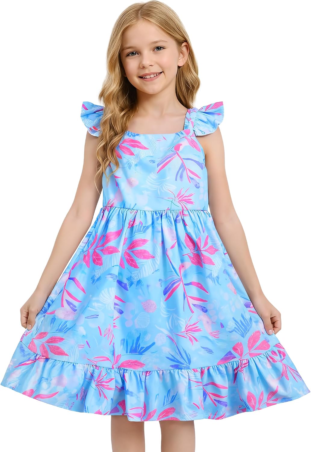 Girls Floral Ruffle Shoulder Tiered Swing Sundress Kids Summer Casual Dress