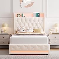 Vista 8 de HIFIT Marco de cama matrimonial LED completo con estación de carga y 4 cajones de almacenamiento, cama plataforma tapizada en terciopelo con 2-Blanco