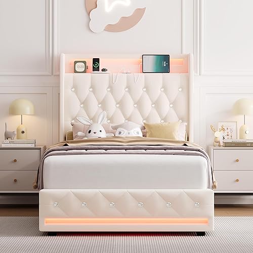 Miniatura 8 de HIFIT Base de cama LED tamaño matrimonial con estación de carga y 4 cajones de almacenamiento, plataforma tapizada de poliuretano con cabecera con