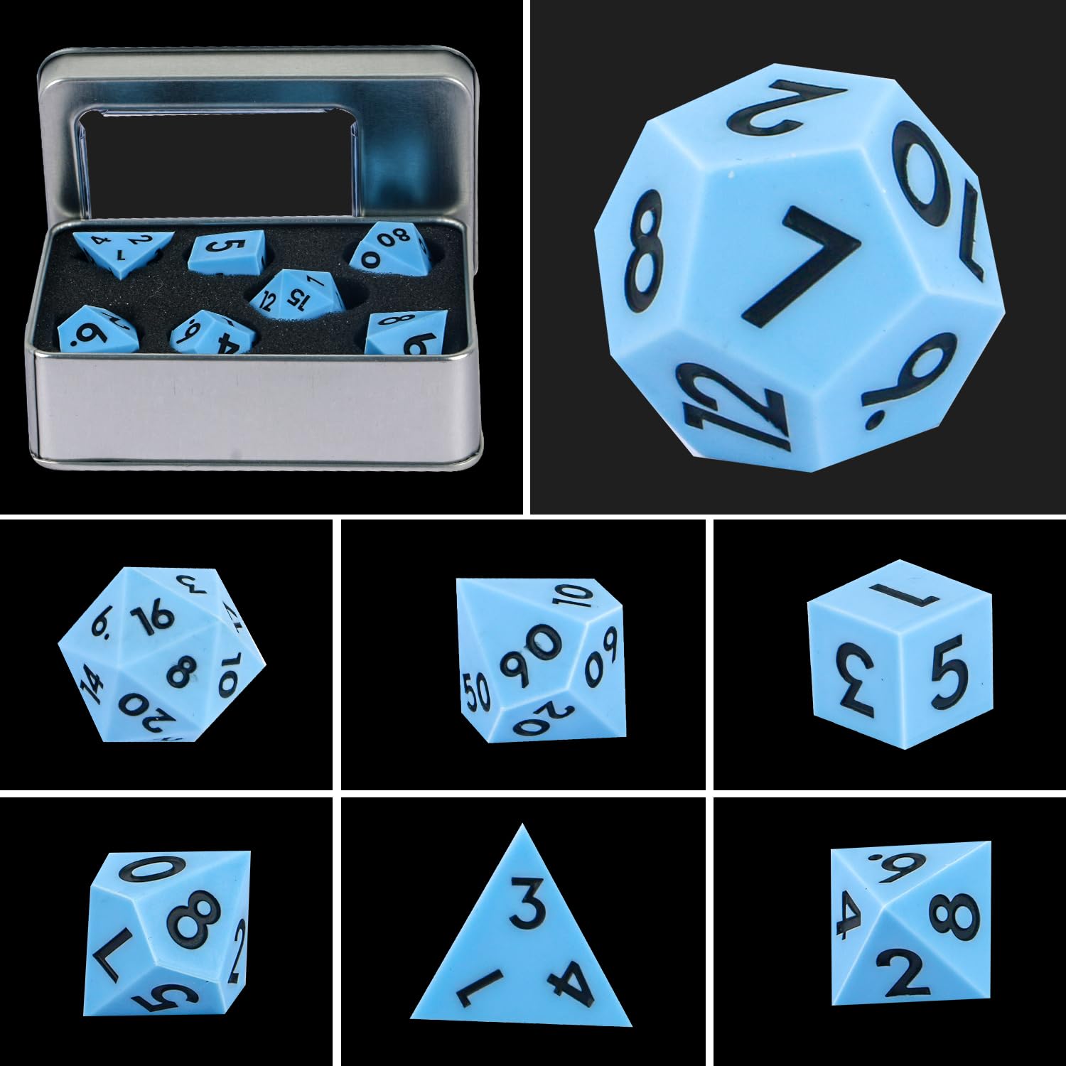 DND Zestaw kości do gry w kości Sharp Edge, 7-częściowy, DND, wielościenne, ze złotym liściem, wykwintne blaszane pudełko, idealne do Dungeons & Dragons RPG i gier planszowych (niebiesko-czarny