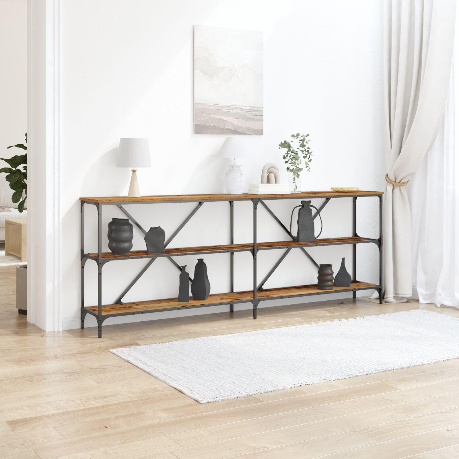 Brokky 863445 Tavolo Consolle Legno Vecchio 200x30x75 cm Legno Ingegnerizzato e Acciaio Tavolo da Console con Ripiani,Tavolino Vintage,Mobile Ausiliario in Legno,per Soggiorno,Ingresso,Corridoio