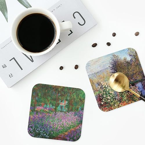 Miniatura 4 de Juego de posavasos de cuero para bebidas, juego de posavasos de arte Claude Monet, utiliza 6 pinturas famosas de Claude Monet, regalos únicos de