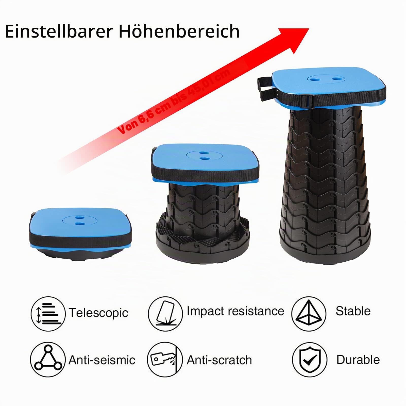 Tragbarer Klapphocker, Teleskophocker Faltbar Campinghocker für Outdoor Camping Angeln BBQ Drinnen Küche, Belastung 220kg