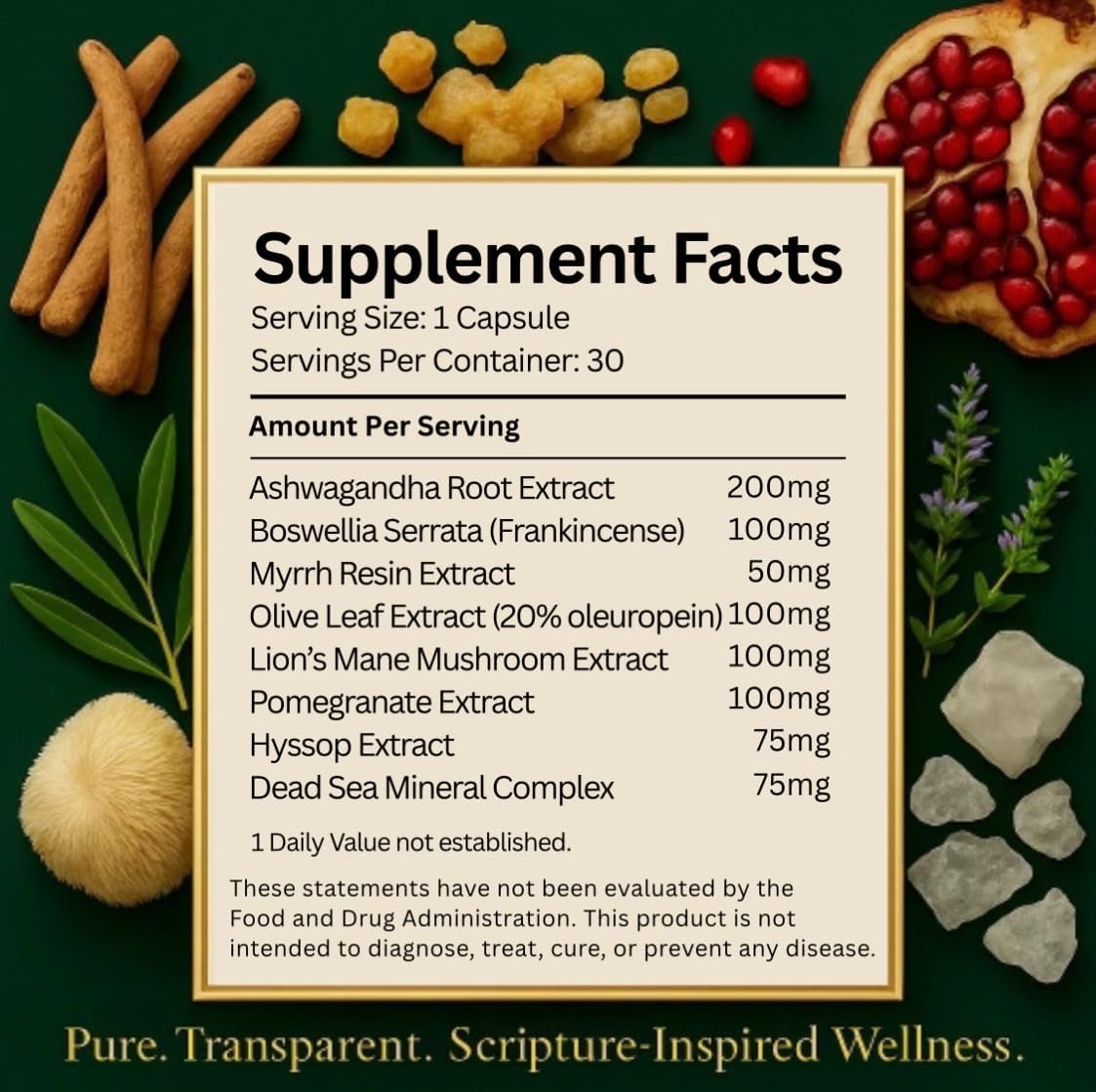 Christian Health Frankincense Myrrh Olive Leaf Capsules – Ashwagandha, Lion’s Mane, Pomegranate, Hyssop & Dead Sea Minerals – Vegan, Non-GMO, GMP Certified Faith-Based Herbal Supplement – 30 Ct - Image 4