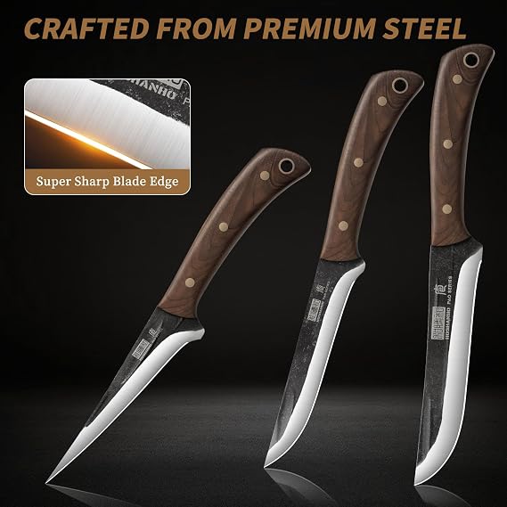 HOSHANHO Butcher Knife Set 3PCS, Sharp Fillet & Utility & Paring Knife Set | Hand Forged Kitchen Knife Set, Upgraded High Carbon Stainless Steel Meat Cutting for Home, Outdoor, Gift for Men