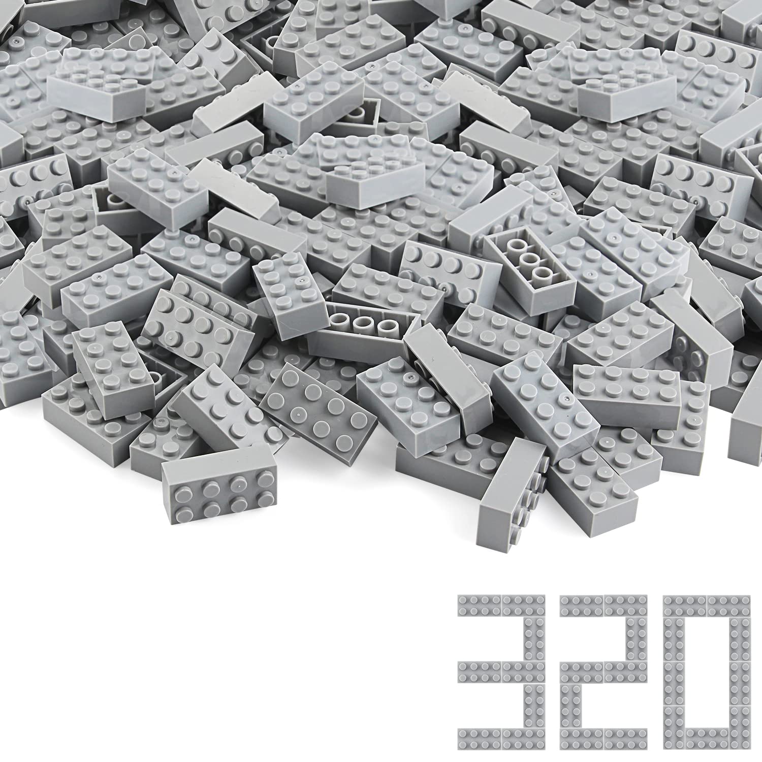 Basic Parts 320 Pieces 2x4 Light Gray Bricks Building Creative Play Blocks Set Toy Accessories Combine with Major Brick Brands (Gray Light)