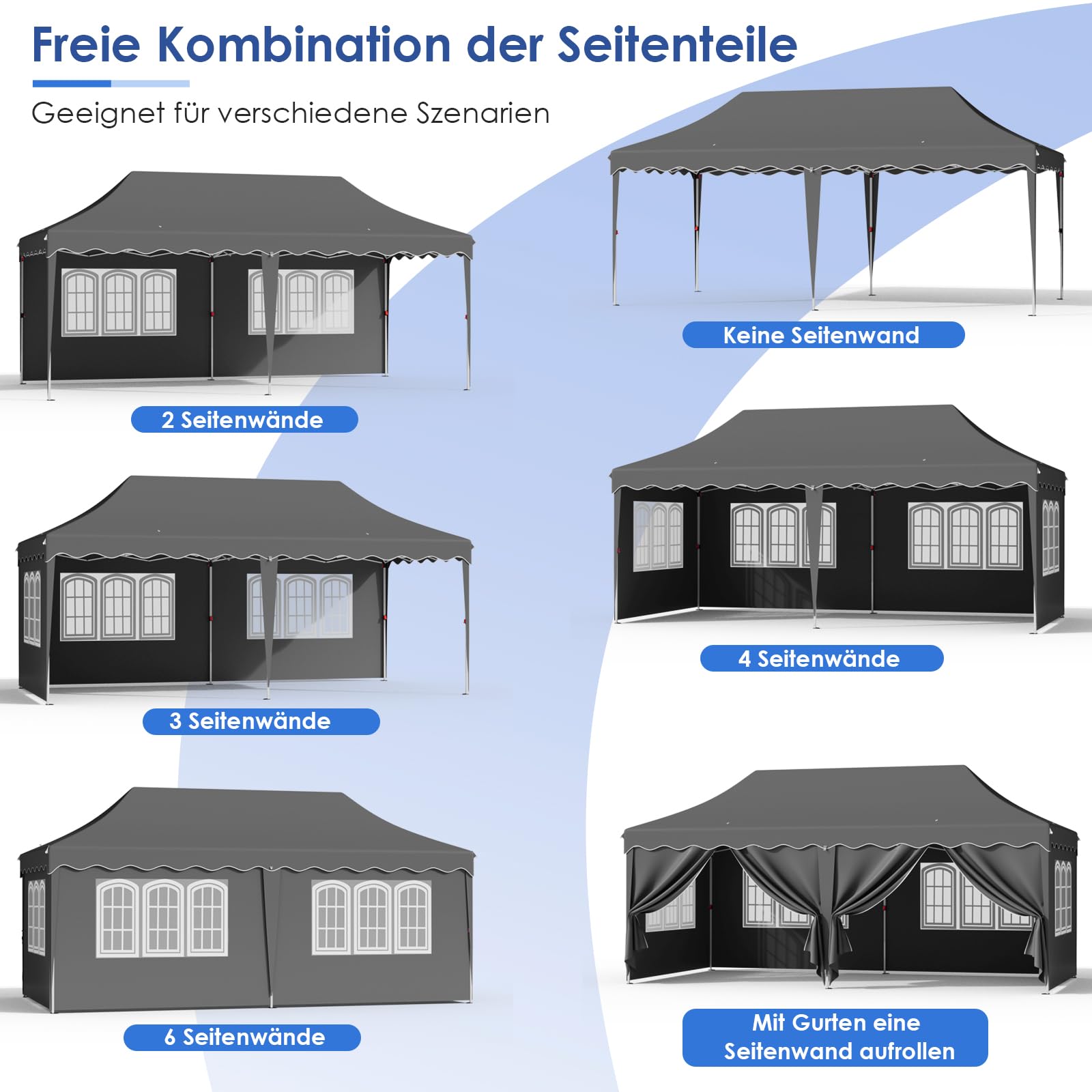 Faltpavillon 3x6 Pavillon Wasserdicht Stabil, Faltbar Gartenzelt 3x6 mit 6 Seitenwänden, Anti-UV 50+ Partyzelt Con 12 Erdhaken 6 Seile 6 PCS Sandsack,Gartenpavillon für Markt,Hochzeiten, Grau