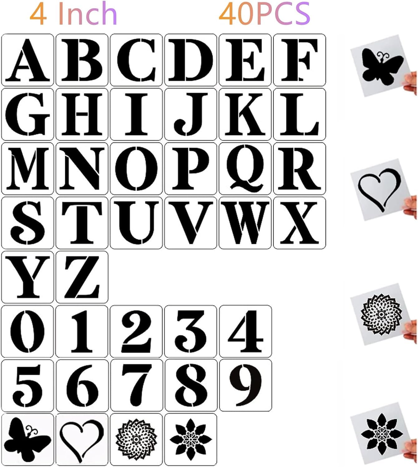 4 Inch Letter Stencils and Numbers,40 Pcs Reusable Plastic Large Alphabet Art Craft Stencils for Painting on Wood, Wall, Fabric, Rock, Chalkboard,Signs, DIY Art Projects