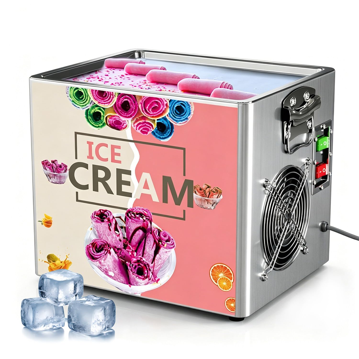 Fablestoryem 11.8"x9.5" Single Square Pans Fried Ice Cream Roll Machine, Stir Fried Yogurt Maker, Stainless Steel Compressor Model for Home Use, Make Frozen-Yogurt & Ice Cream Rolls Easily