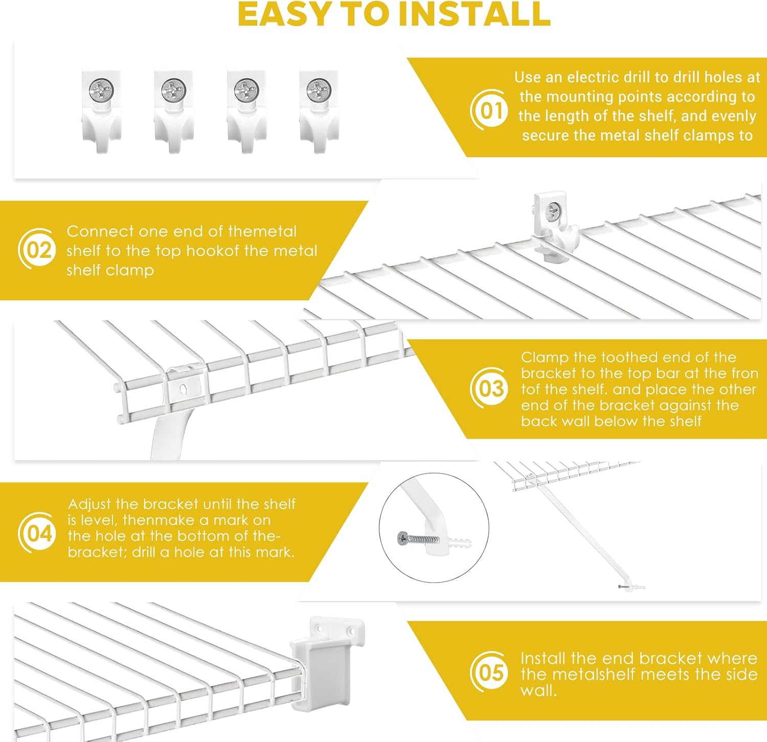 16 Pcs 12 Inch Wire Shelf Support Brackets Kit, Include 4 Mental Closet Support Brace 8 White Down Wall Clips and 4 Wire Shelf End Brackets with Screws for Wardrobe