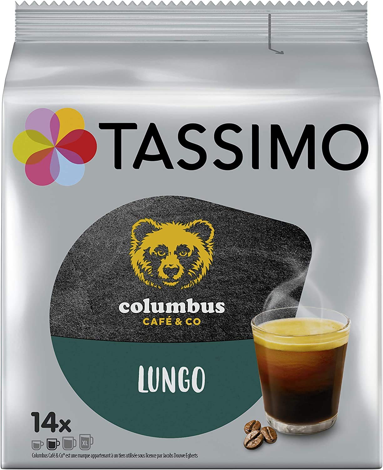 Tassimo, 70 kapsułek, kawa Lungo Columbus, kompatybilne z ekspresami TASSIMO, 70 kawy Lungo, wyważona i kremowa, 5 opakowań po 14 saszetek