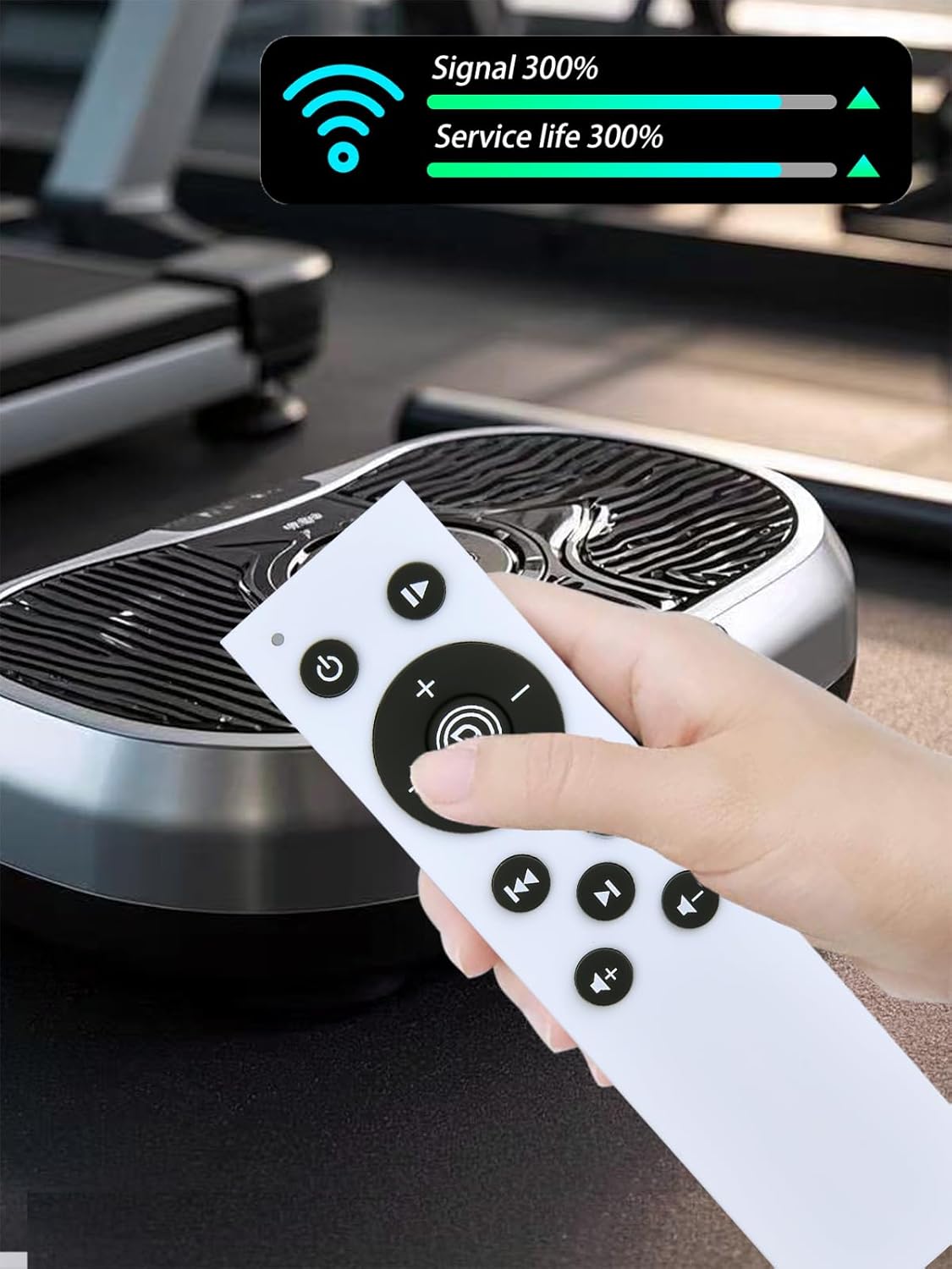 Hand holding ZWP Remote Control, showing signal strength and service life indicators