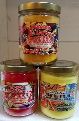 Smoke Odor Exterminator 13 oz Jar Candles Peace & Love, Assortment (3) Includes Peace & Love, Flower Power and Eufloria.