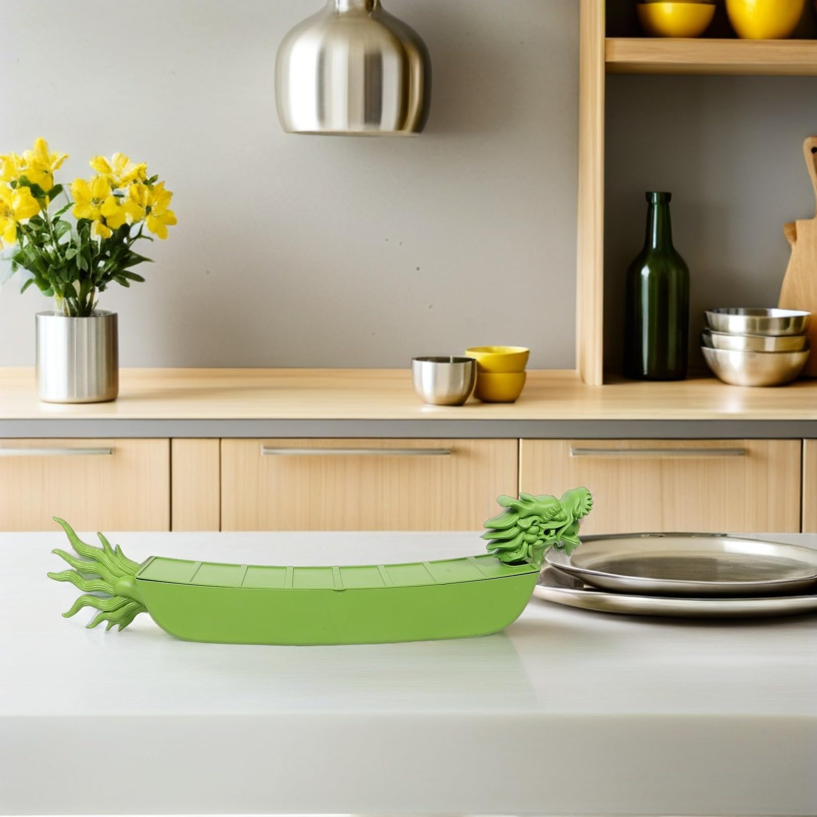 iplusmile Bandeja para Servir Forma de Barco Dragón para Zongzi | Verde, Plástico, 80x20x15cm, Apta para Snacks y Fruta, para Fiestas y Cenas Familiares