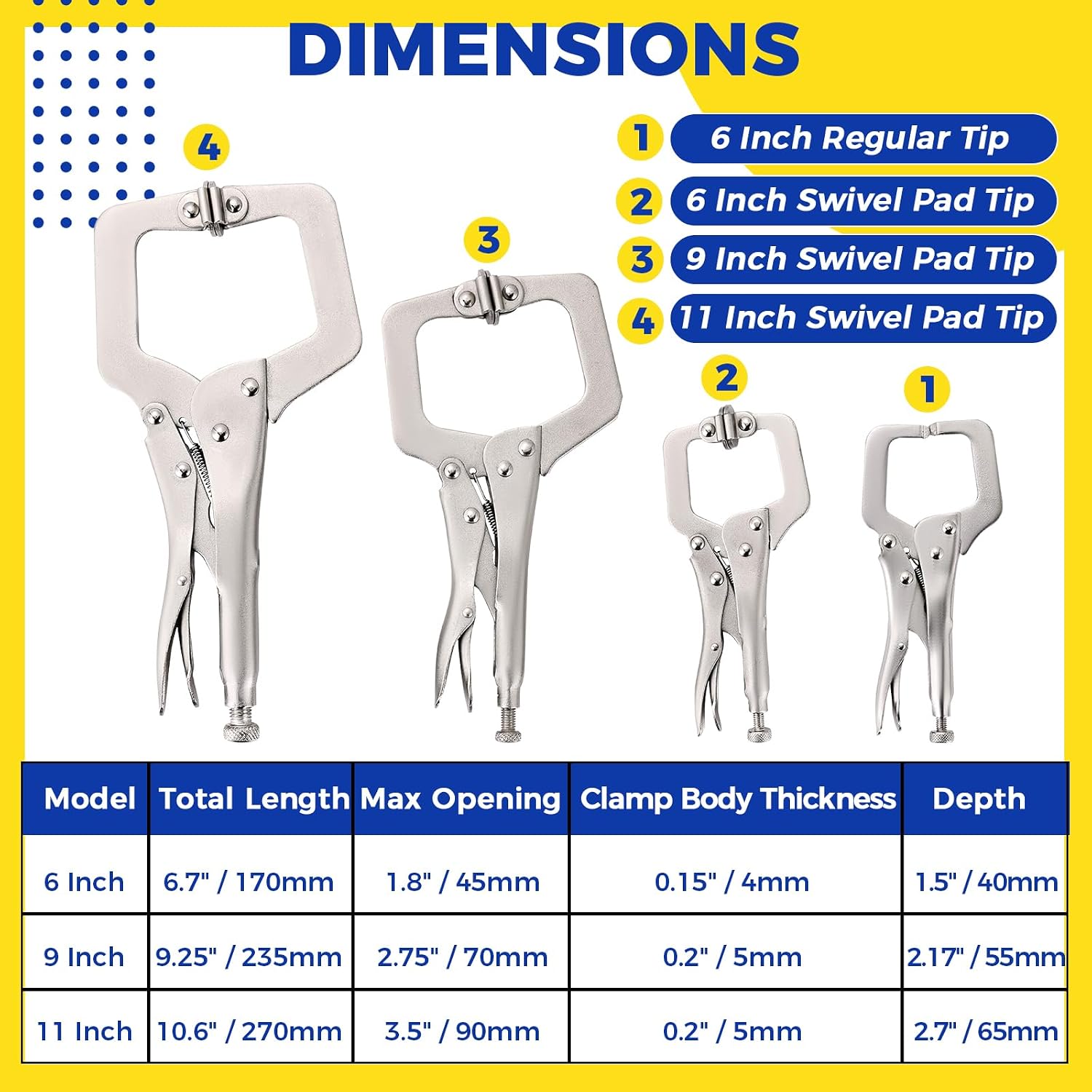 NATGAI 4 Pack Locking C Clamp Set, Adjustable Vice Grip Welding Clamp | Regular Tips and Swivel Pads, 6 Inch, 9 Inch, 11 Inch Heavy-duty C-Clamps Set for Welding, Metalworking, Woodworking