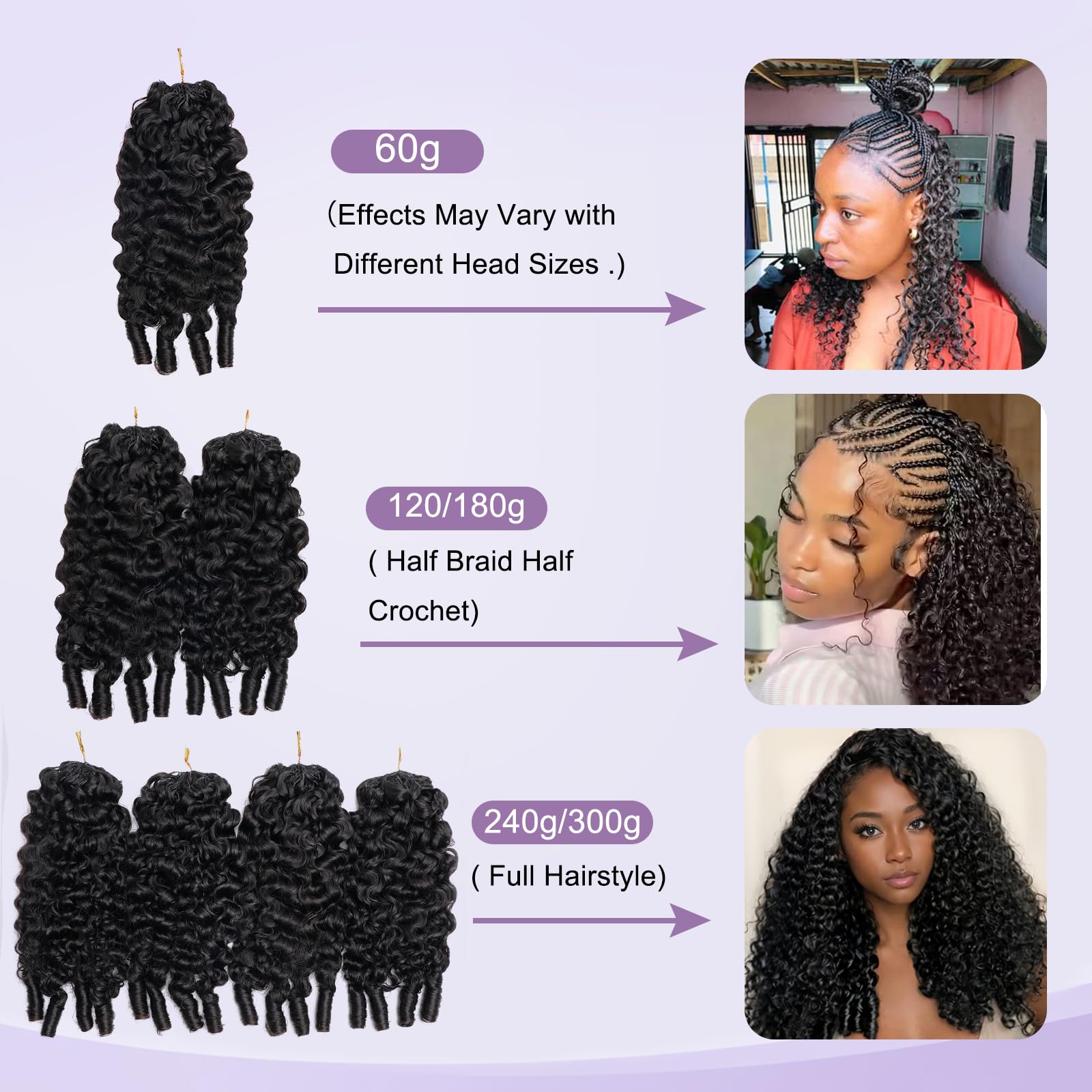 Cheveux humains bouclés bouclés au crochet - Plumes sans nœuds - 60 g