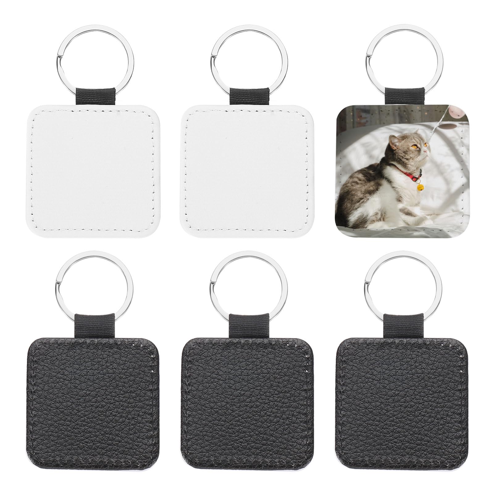 PATIKIL Sublimation Blank Keychains, 6 Pcs Square Keychain Blanks Bulk PU Leather Heat Transfer Key Chains for DIY Craft Black