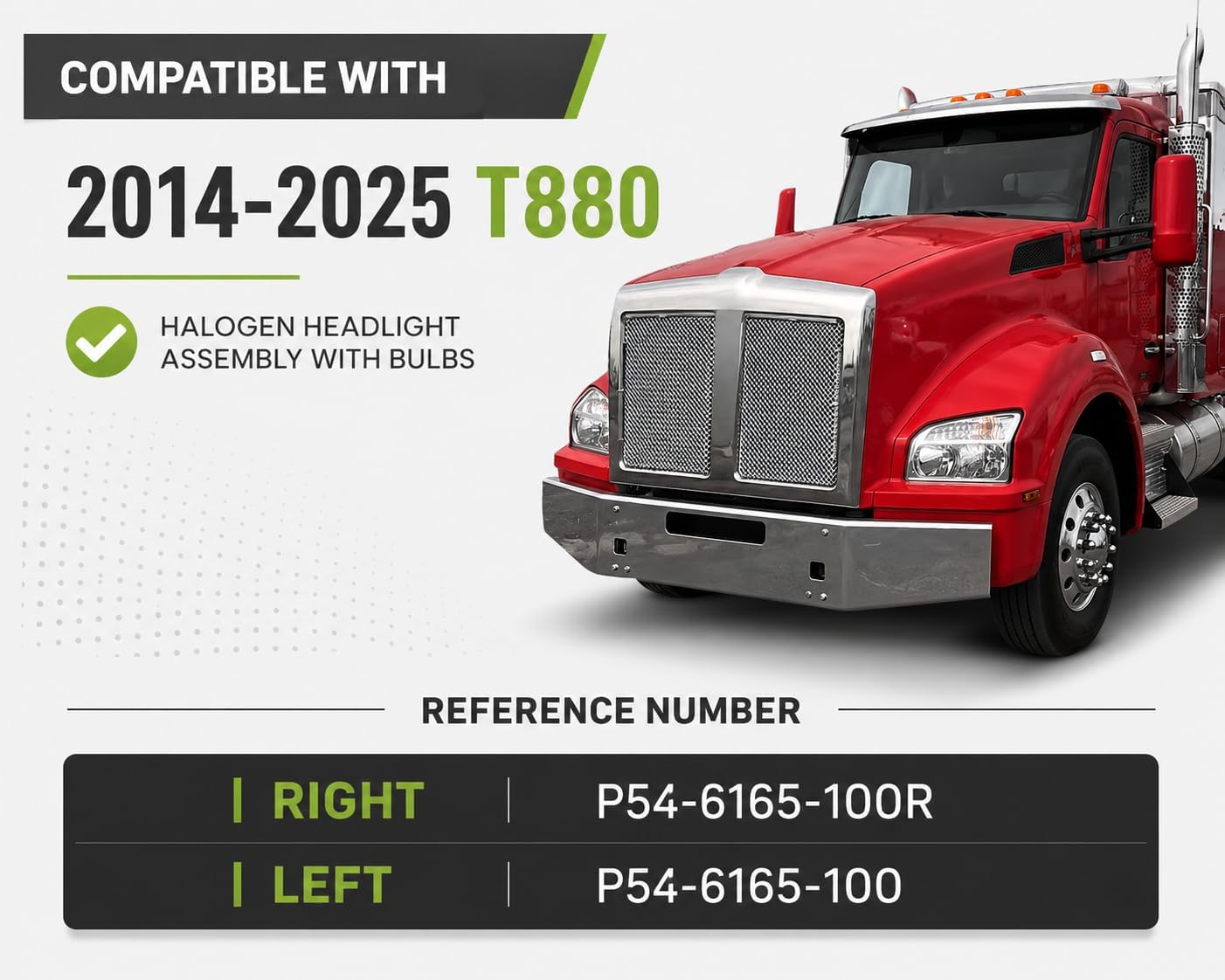 Headlamp Replacement For Kenworth 2014-2018 2019 2020 2021 2022 2023 2024 2025 T880 Halogen Headlight Assembly | W/ Bulbs | Left Side / Driver, P546165100 / P54-6165-100 DOT/SAE Compliant